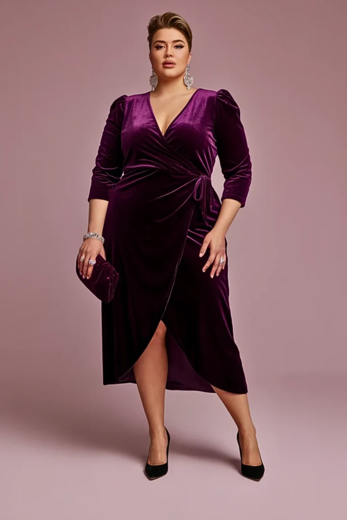Plus Size Deep Purple Velvet Wrap Wedding Guest Dress
