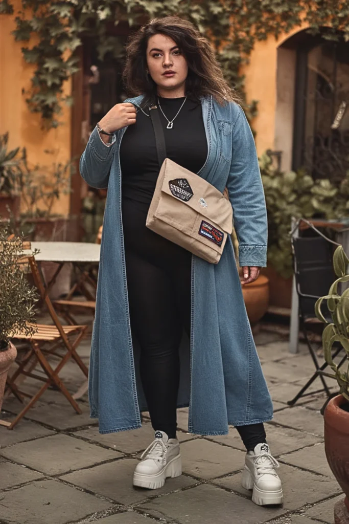 Plus Size Denim Duster with Graphic Tee Fall Outfit