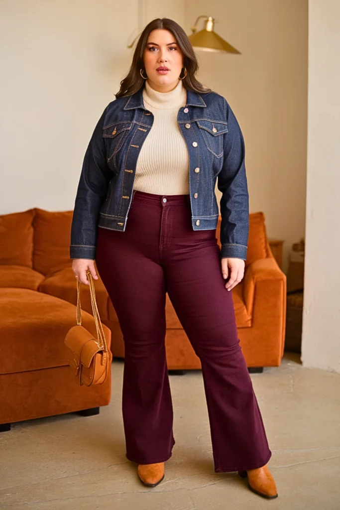 Plus Size Denim Jacket and Colored Flare Jeans Fall Outfit