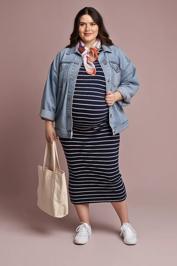 Plus Size Denim Shacket with Striped Dress Fall Outfit