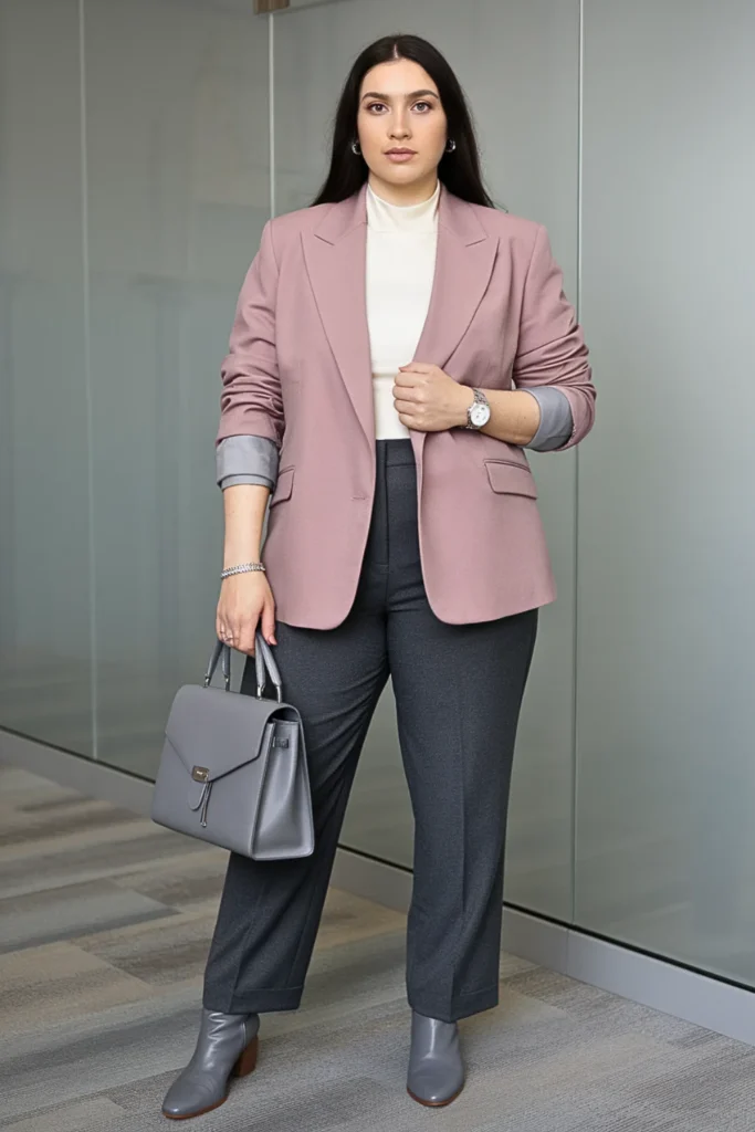 Plus Size Dusty Pink Blazer and Gray Pants Fall Outfit