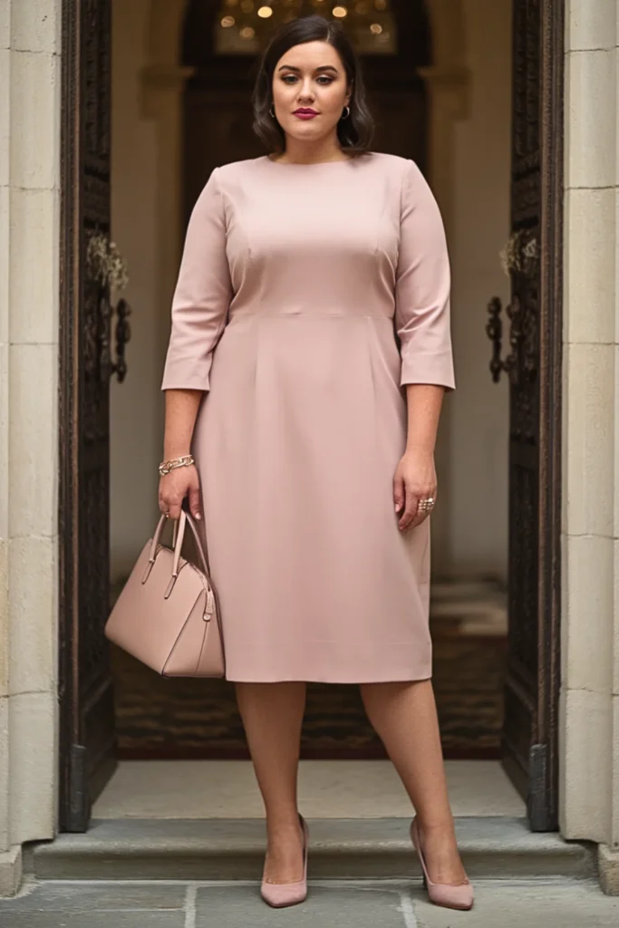Plus Size Dusty Rose Crepe Shift Wedding Guest Dress