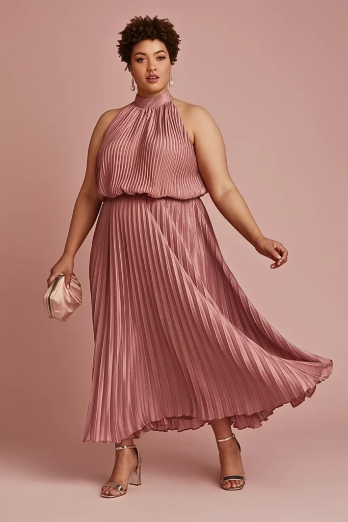 Plus Size Dusty Rose Pleated Midi Wedding Guest Dress