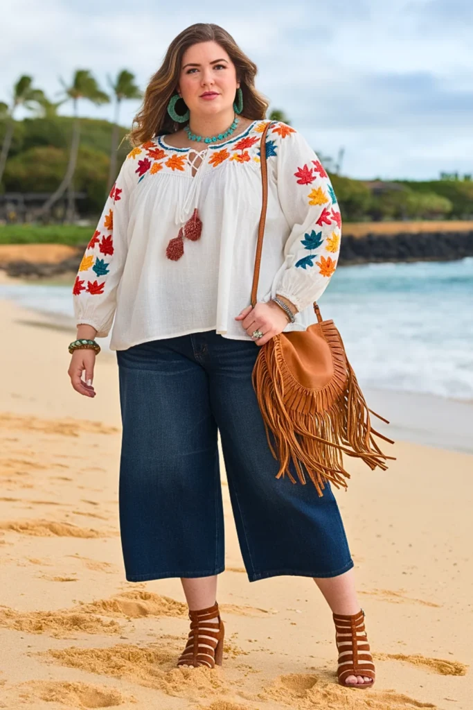 Plus Size Embroidered Peasant Top with Denim Culottes Fall Outfit