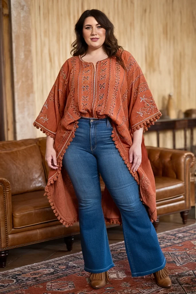 Plus Size Embroidered Tunic and High-Waisted Flare Jeans Fall Outfit