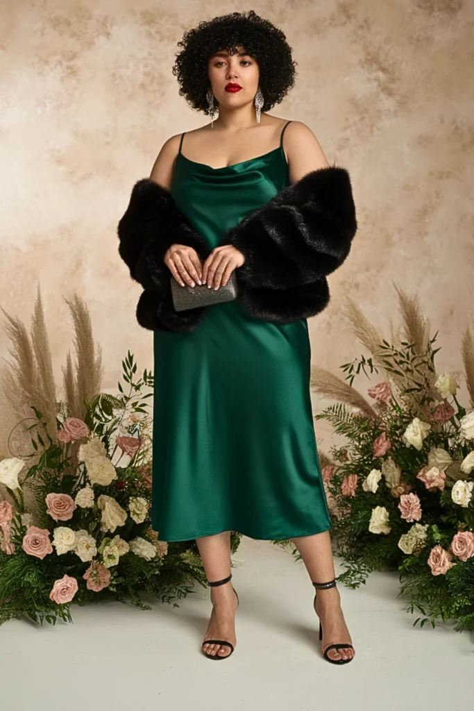 Plus Size Emerald Green Satin Slip Wedding Guest Dress