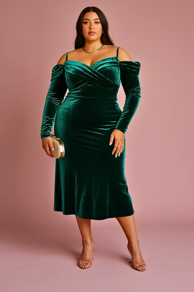 Plus Size Emerald Velvet Off-Shoulder Wedding Guest Dress