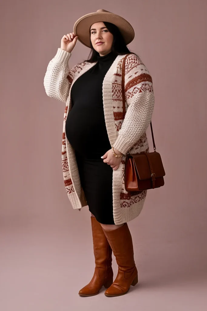 Plus Size Fair Isle Cardigan with Turtleneck Dress Fall Outfit
