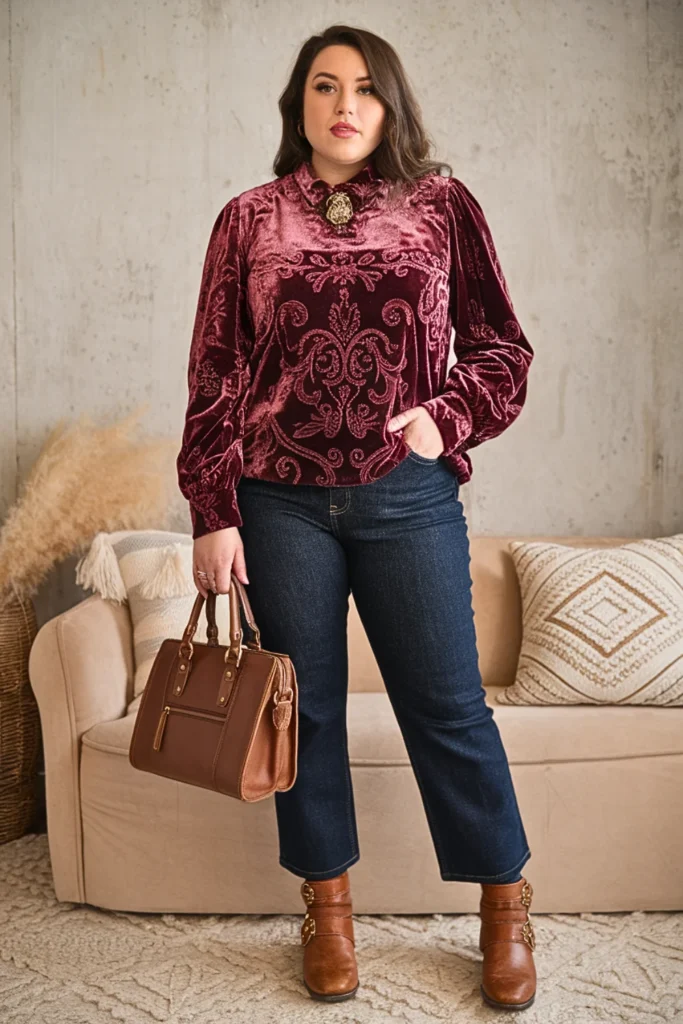 Plus Size Fall Burnout Velvet Top Romantic Boho Outfit