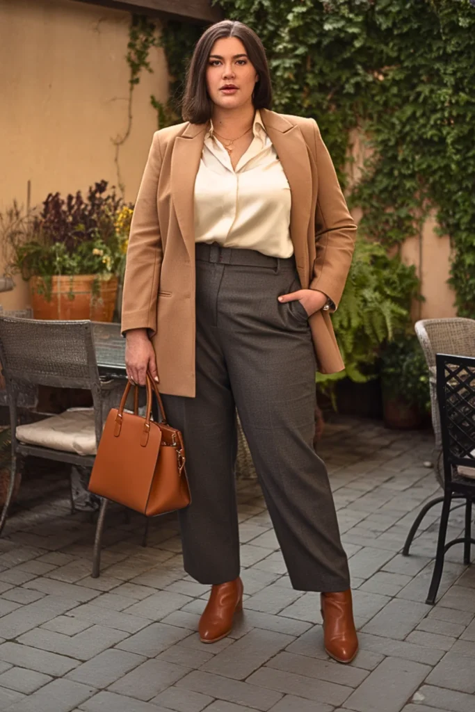 Plus Size Fall Camel Wool Blazer Italian Outfit