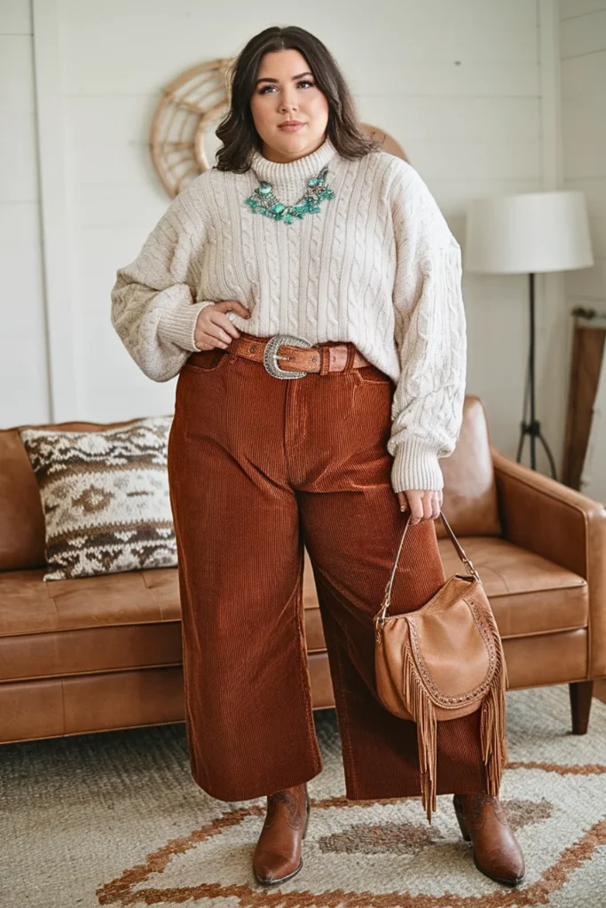 Plus Size Fall Corduroy Wide-Leg Western Boho Outfit