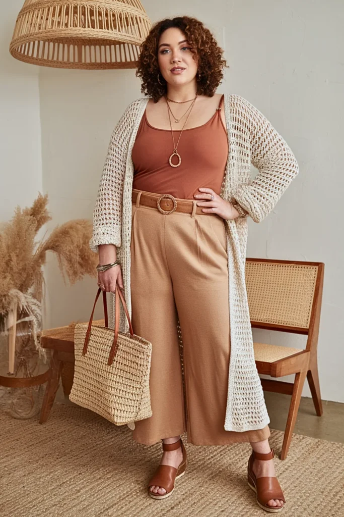Plus Size Fall Crochet Cardigan Vintage Boho Outfit