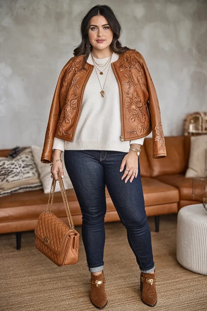 Plus Size Fall Embossed Leather Jacket Luxe Boho Outfit
