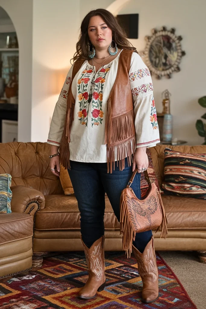Plus Size Fall Embroidered Peasant Top Country Boho Outfit