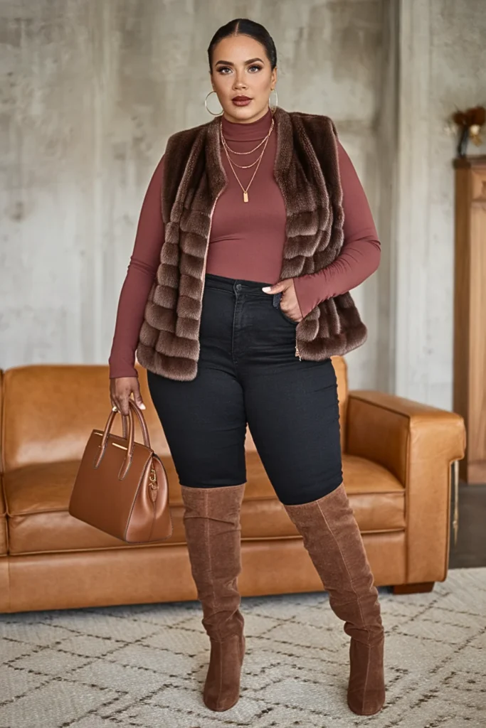 Plus Size Fall Faux Fur Vest Luxury Boho Outfit
