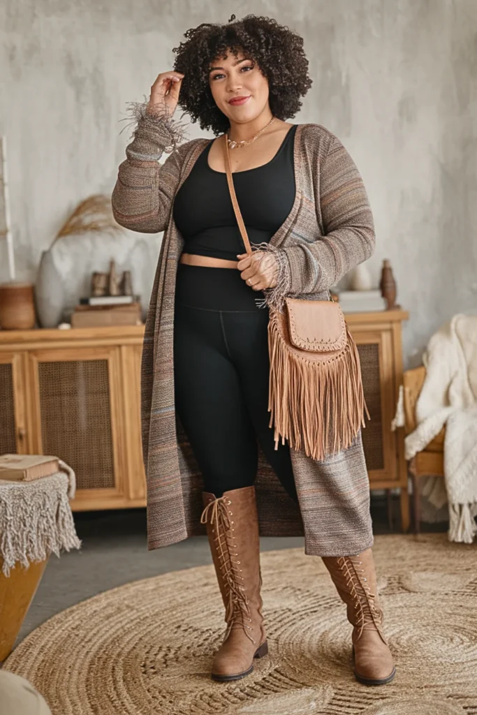 Plus Size Fall Feather Detail Cardigan Festival Boho Outfit