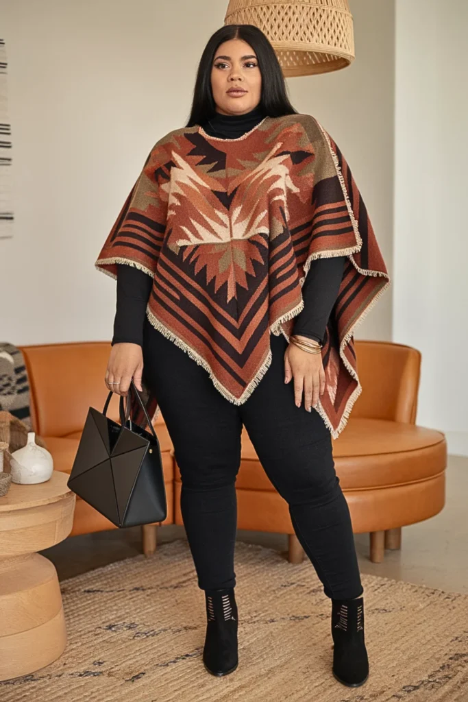 Plus Size Fall Geometric Poncho Contemporary Boho Outfit