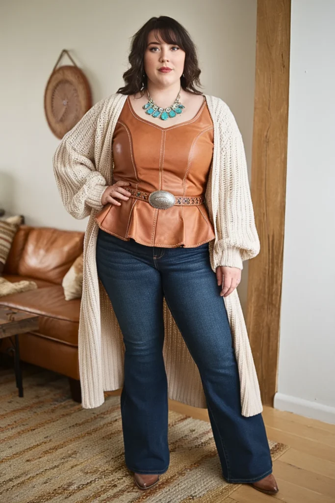 Plus Size Fall Leather Peplum Top Western Boho Outfit