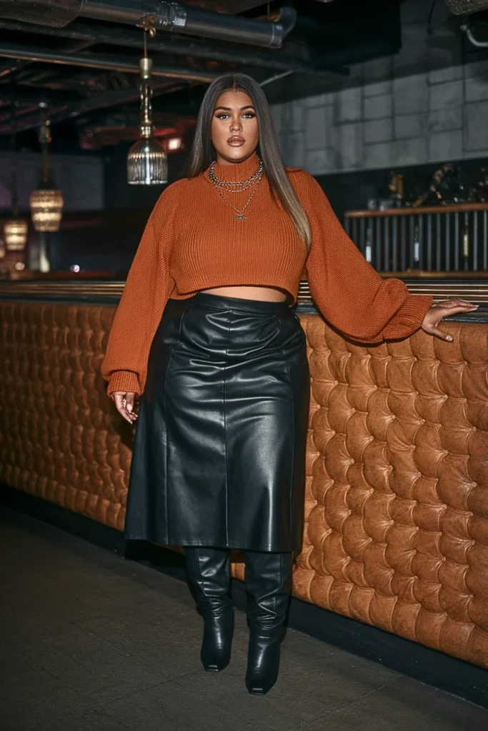 Plus Size Fall Leather Skirt Club Outfit