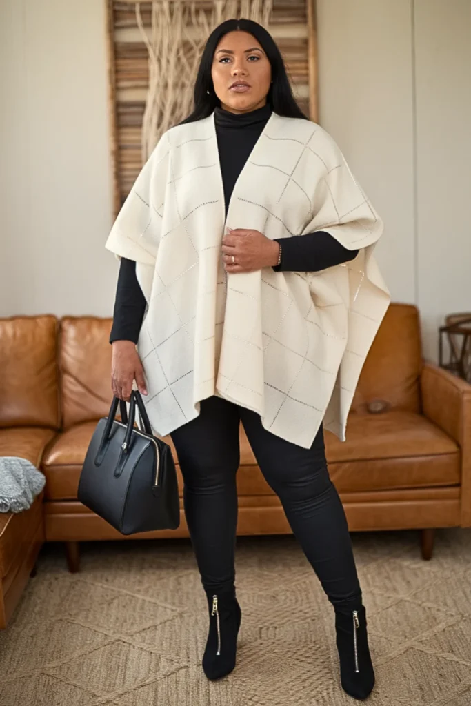 Plus Size Fall Metallic Thread Poncho Modern Boho Outfit