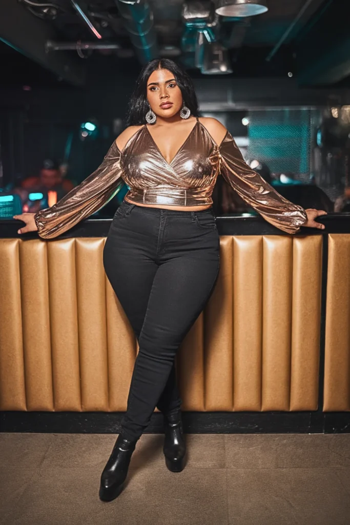 Plus Size Fall Metallic Top Club Outfit