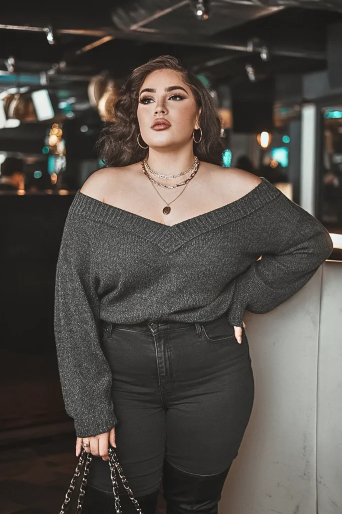 Plus Size Fall Off-Shoulder Sweater Club Outfit