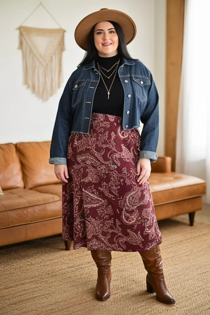 Plus Size Fall Paisley Midi Skirt Country Boho Outfit