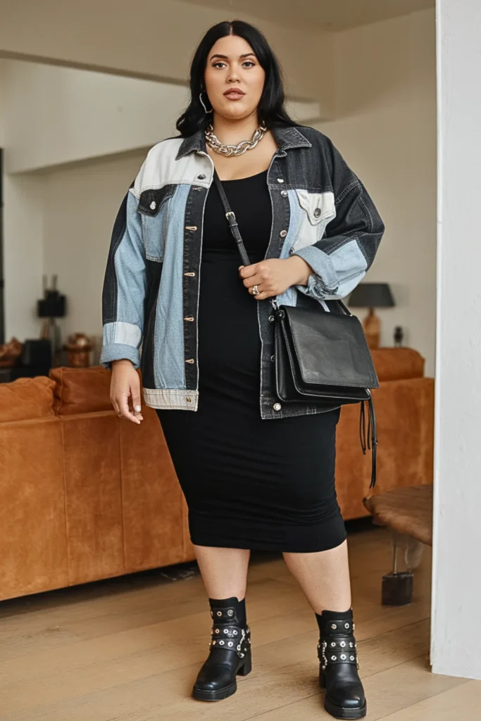 Plus Size Fall Patchwork Denim Jacket Edgy Boho Outfit