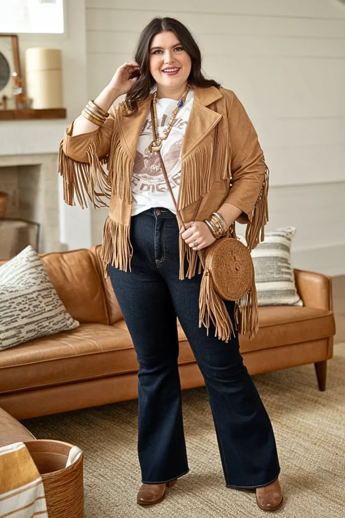Plus Size Fall Suede Fringe Jacket Hippie Boho Outfit