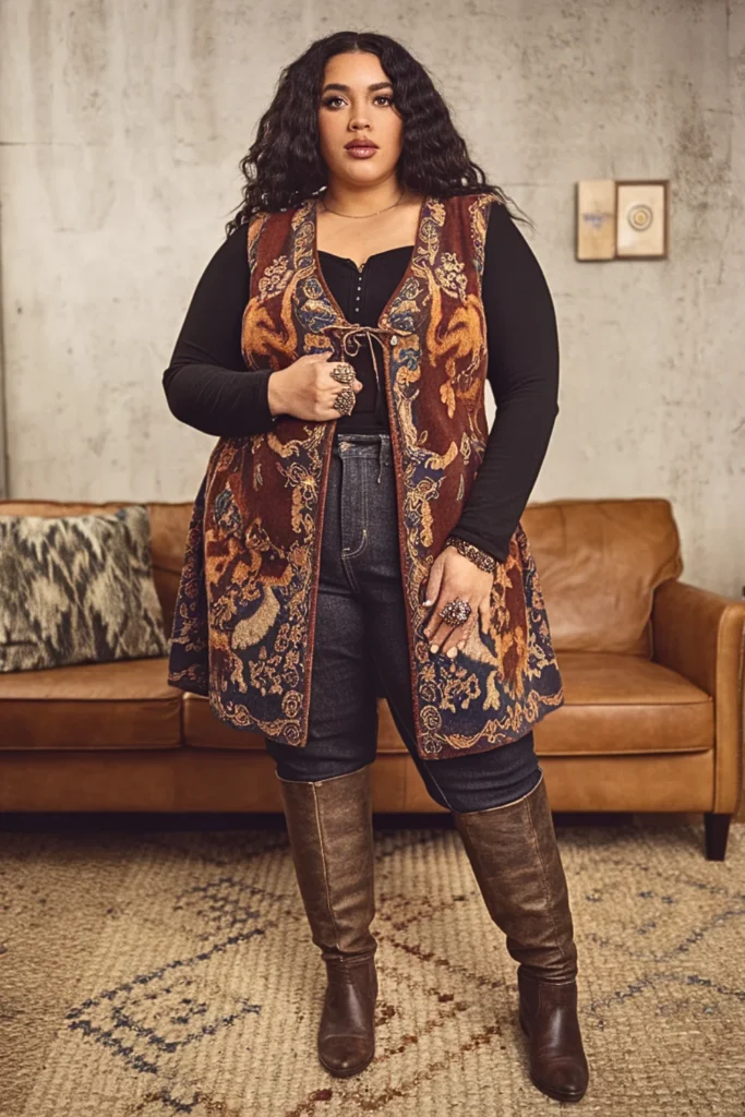 Plus Size Fall Tapestry Print Vest Renaissance Boho Outfit