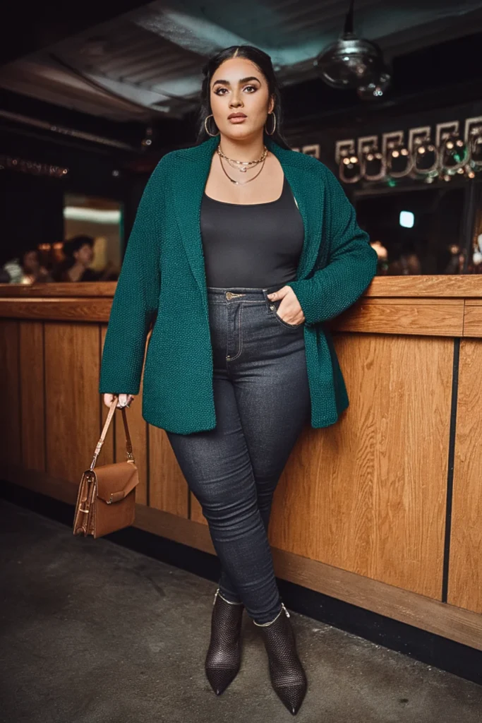 Plus Size Fall Textured Knit Blazer Club Outfit