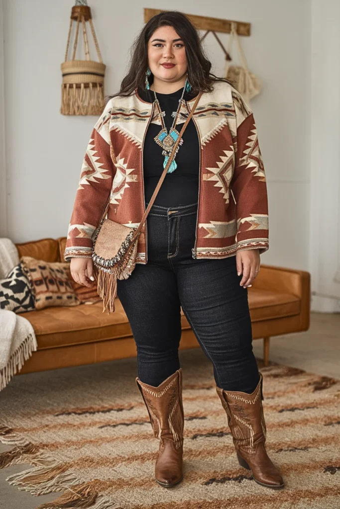 Plus Size Fall Tribal Print Jacket Global Boho Outfit