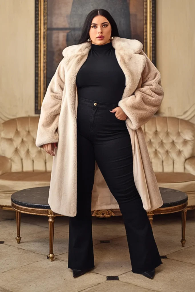 Plus Size Faux Fur Coat and Skinny Flare Jeans Fall Outfit