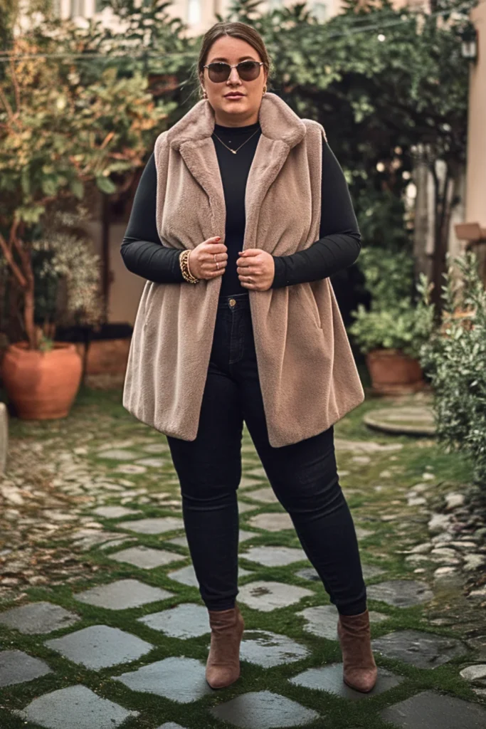 Plus Size Faux Fur Vest with Skinny Jeans Fall Outfit