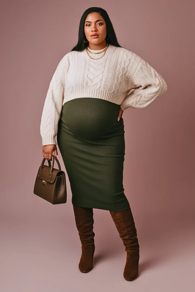 Plus Size Fisherman Sweater with Midi Skirt Fall Outfit