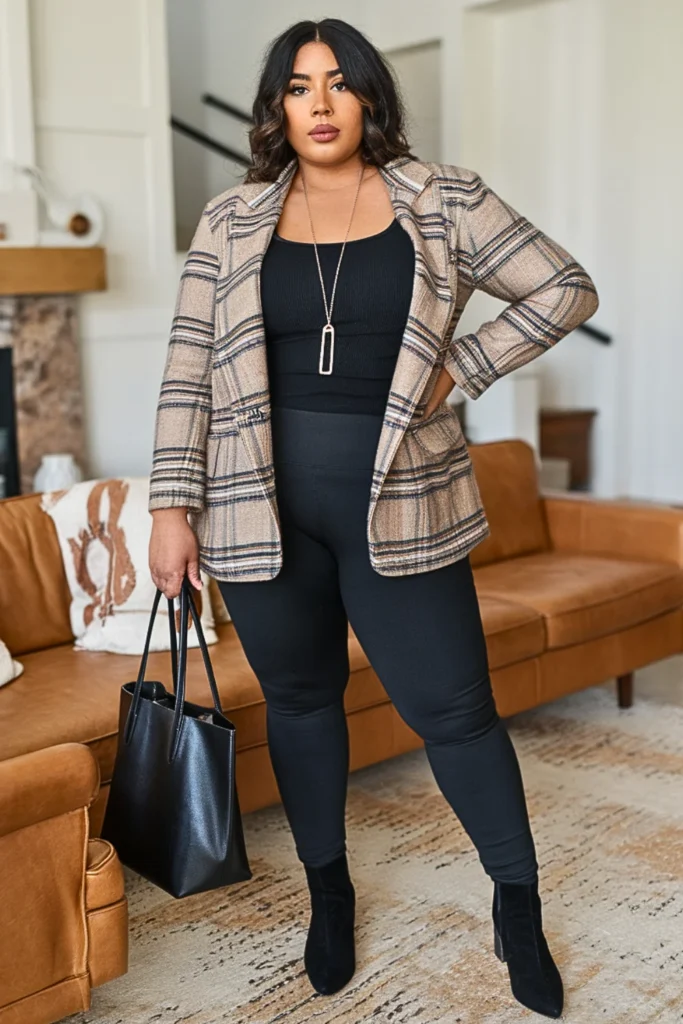 Plus Size Flannel Blazer with Fitted Tank and Leggings Fall Outfit