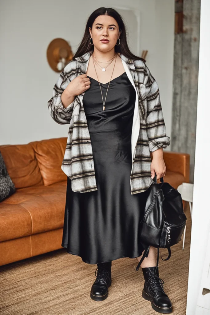 Plus Size Flannel Button-Up with Slip Dress and Combat Boots Fall Outfit