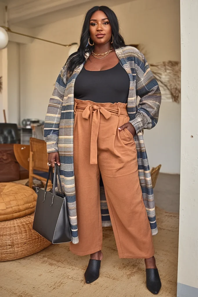 Plus Size Flannel Cardigan with Bodysuit and Paper Bag Waist Pants Fall Outfit