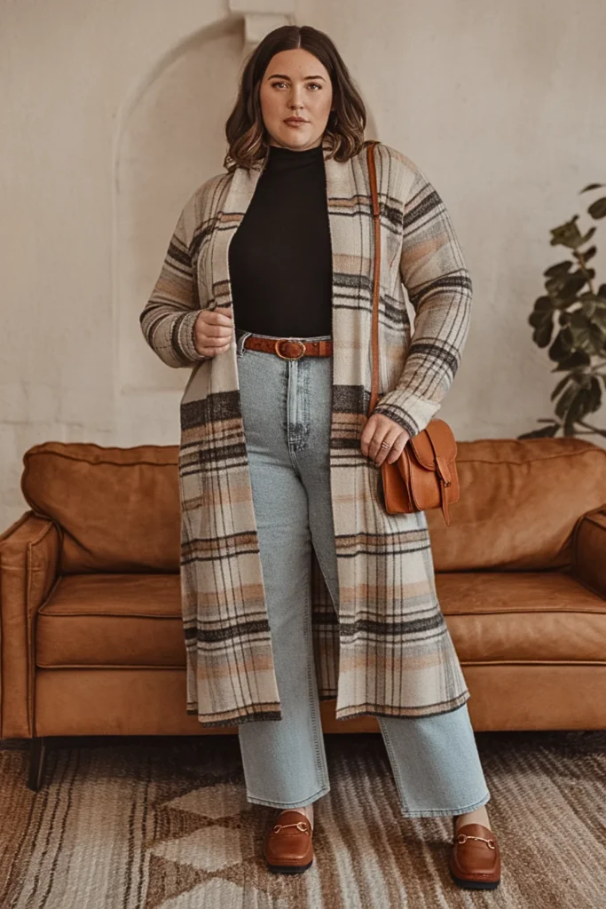 Plus Size Flannel Cardigan with Turtleneck and Straight Leg Jeans Fall Outfit