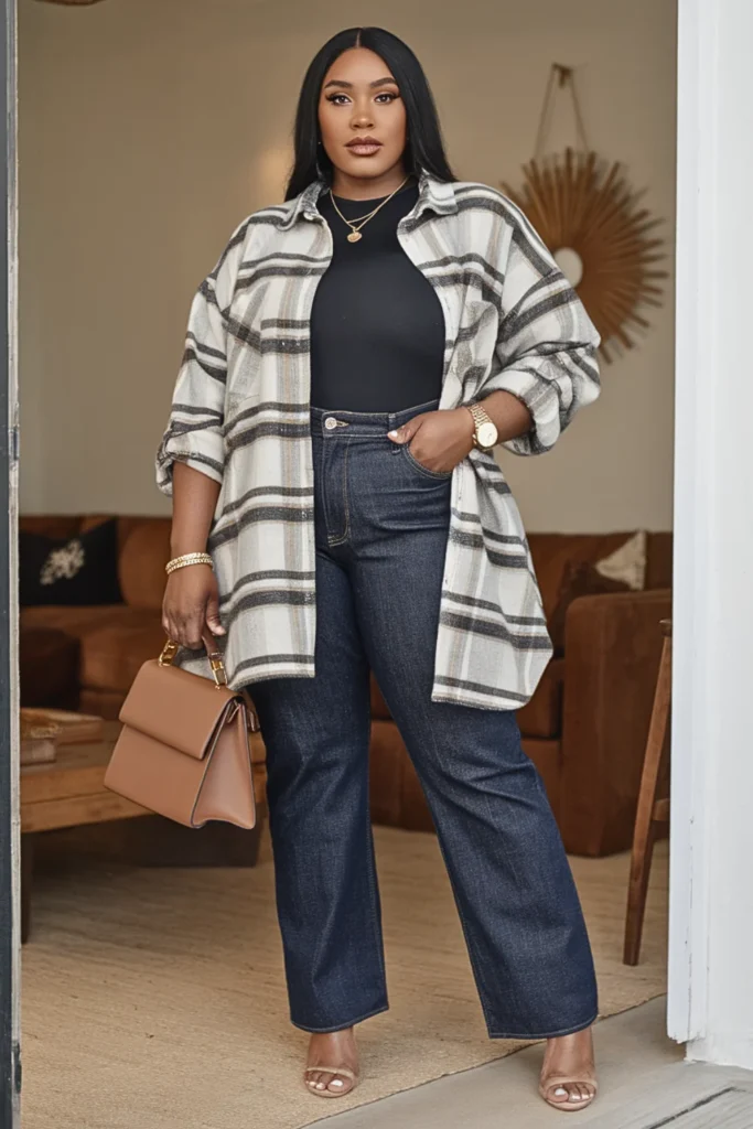 Plus Size Flannel Kimono with Bodysuit and Straight Leg Jeans Fall Outfit