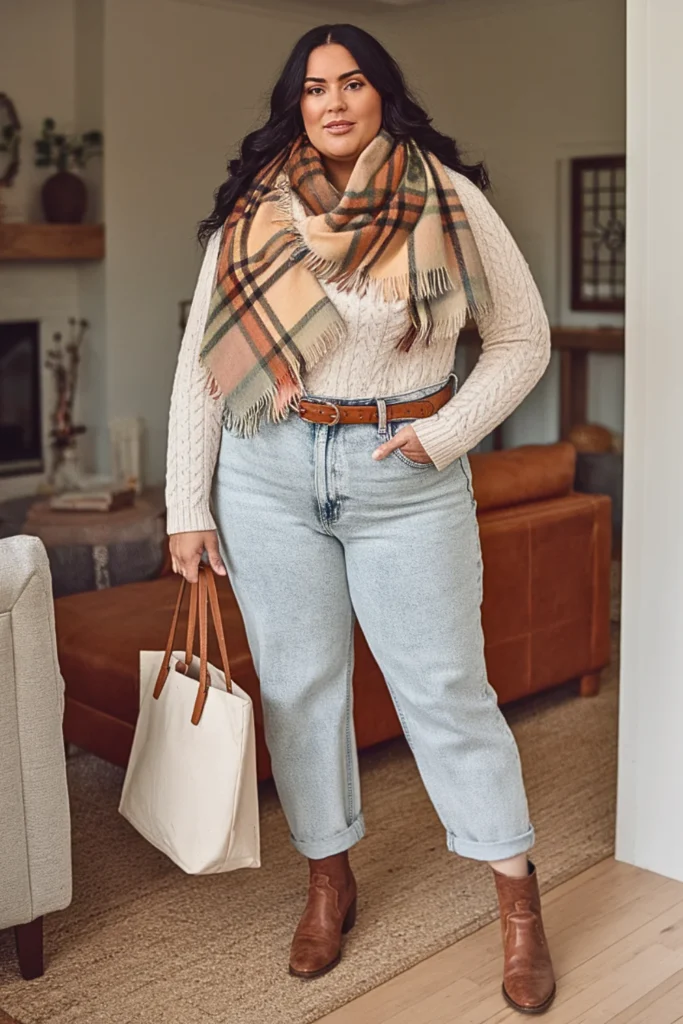 Plus Size Flannel Scarf with Sweater and Boyfriend Jeans Fall Outfit