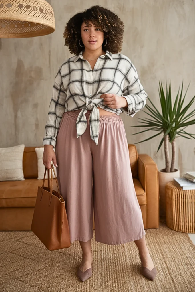 Plus Size Flannel Tied at Waist with Culottes and Flats Fall Outfit