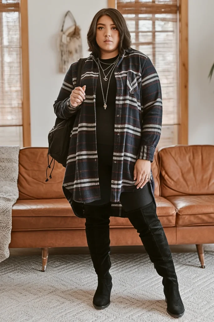 Plus Size Flannel Tunic with Leggings and Over-the-Knee Boots Fall Outfit