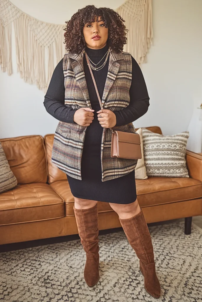 Plus Size Flannel Vest with Fitted Dress and Knee-High Boots Fall Outfit
