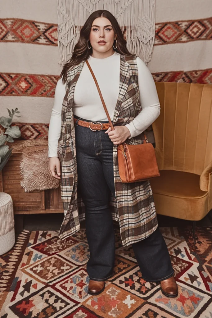 Plus Size Flannel Vest with Long Sleeve Tee and Bootcut Jeans Fall Outfit
