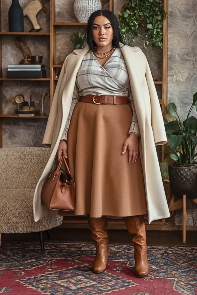 Plus Size Flannel Wrap Top with A-Line Midi Skirt Fall Outfit