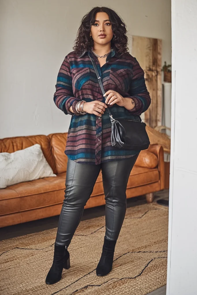 Plus Size Flannel with Faux Leather Leggings and Ankle Boots Fall Outfit