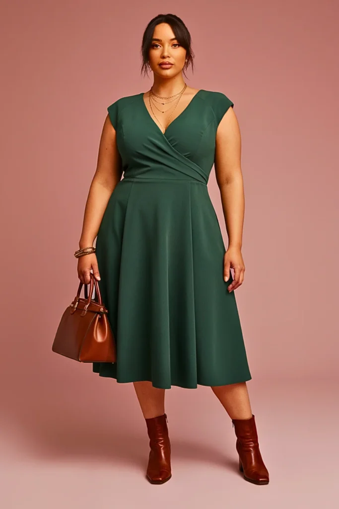 Plus Size Forest Green Crepe Wrap-Style Wedding Guest Dress