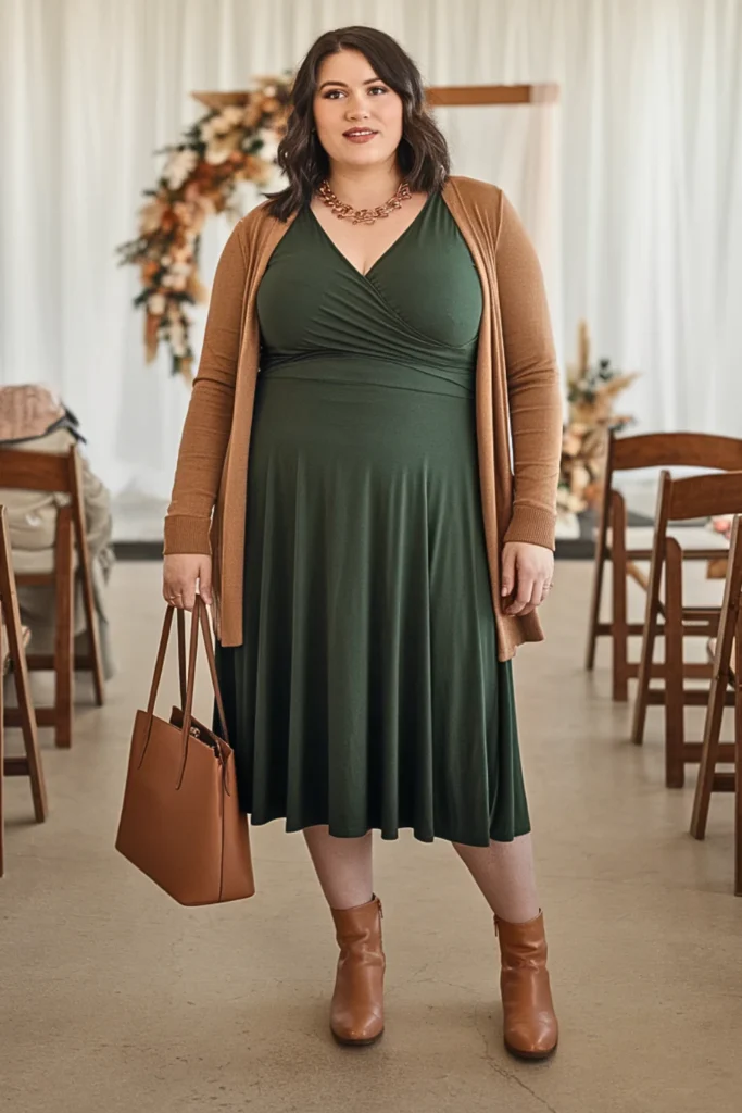 Plus Size Forest Green Jersey Wrap-Top Wedding Guest Dress
