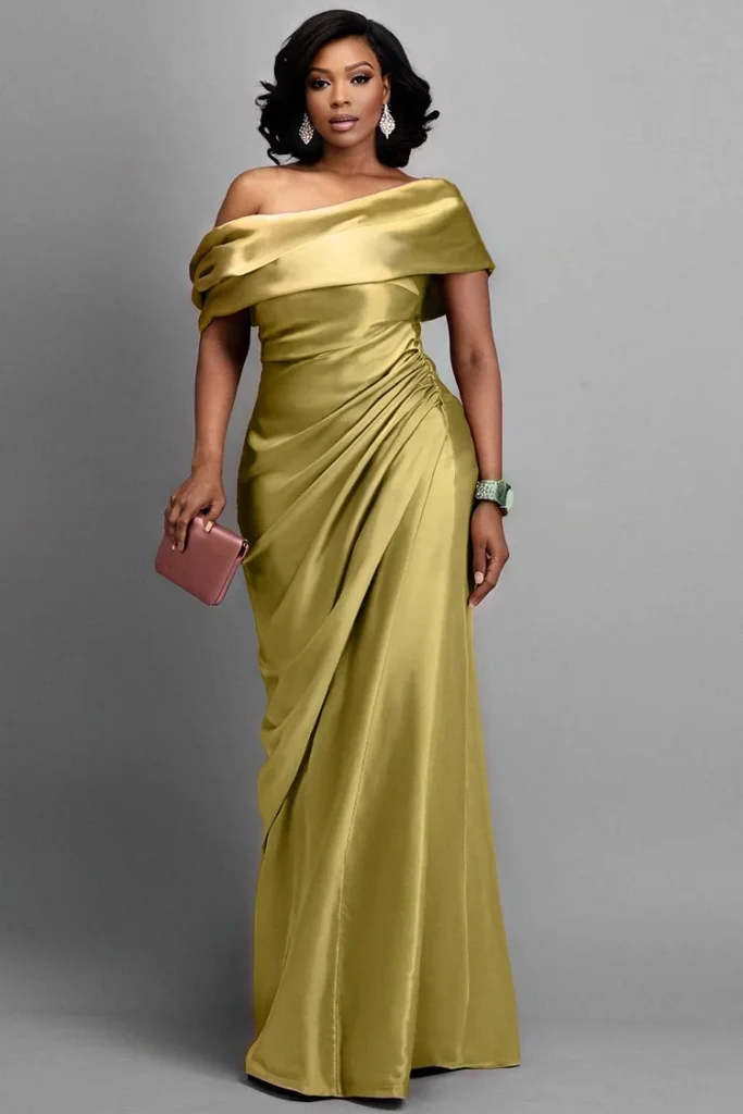 Plus Size Formal Green Off The Shoulder Short Sleeve Fold Elegant Satin Maxi Dress